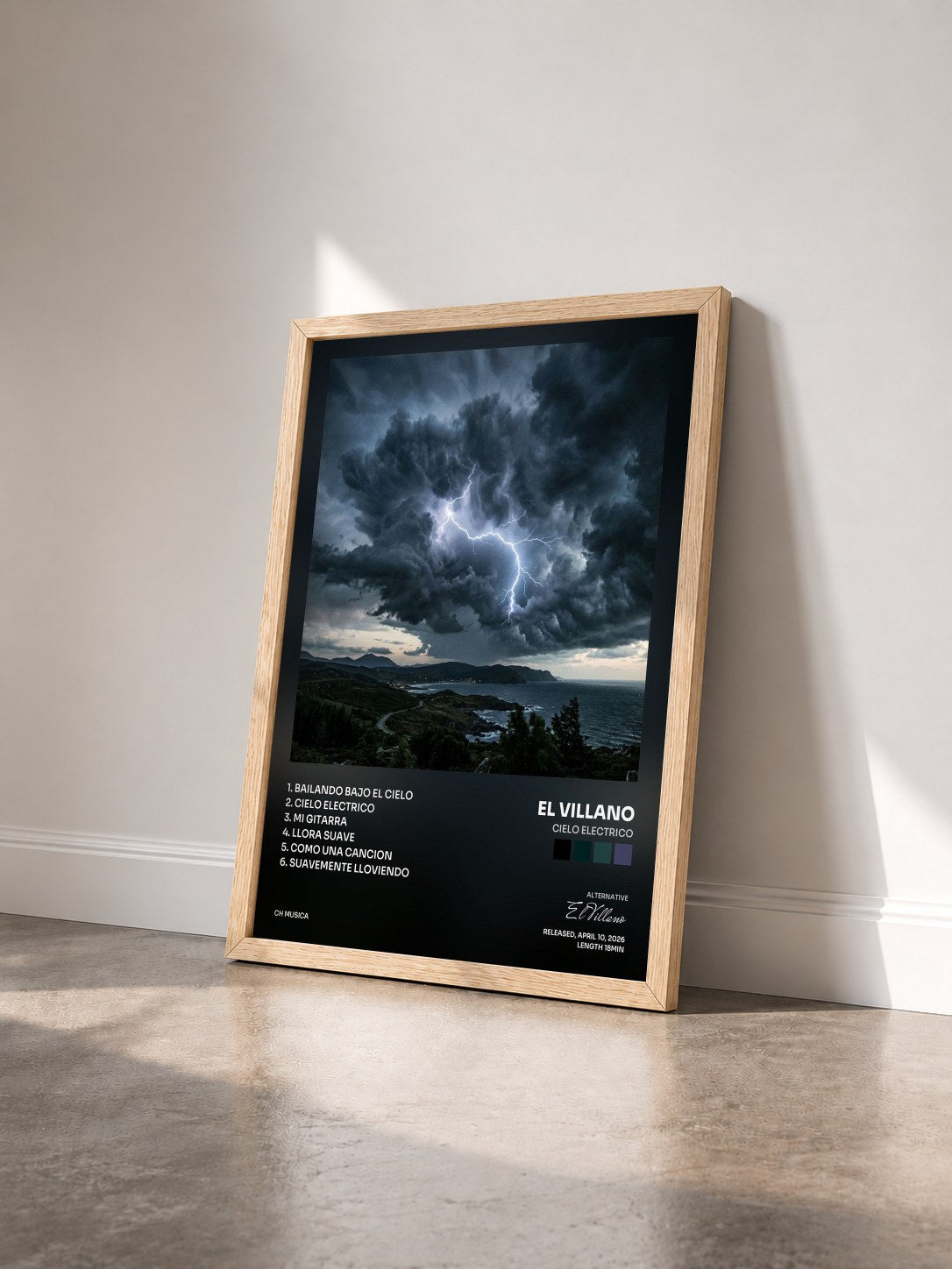 #bois Tableau de l'album Cielo Electrico de El Villano vu de trois quarts, cadre en bois brut
