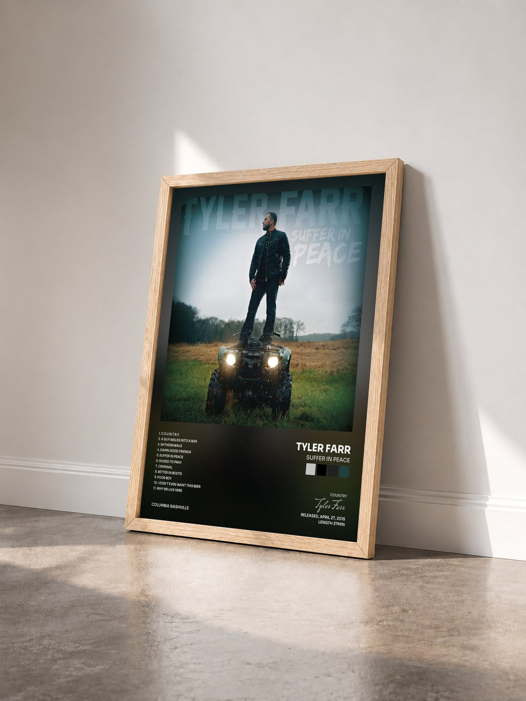 #bois Tableau de l'album Suffer in Peace de Tyler Farr vu de trois quarts, cadre en bois brut