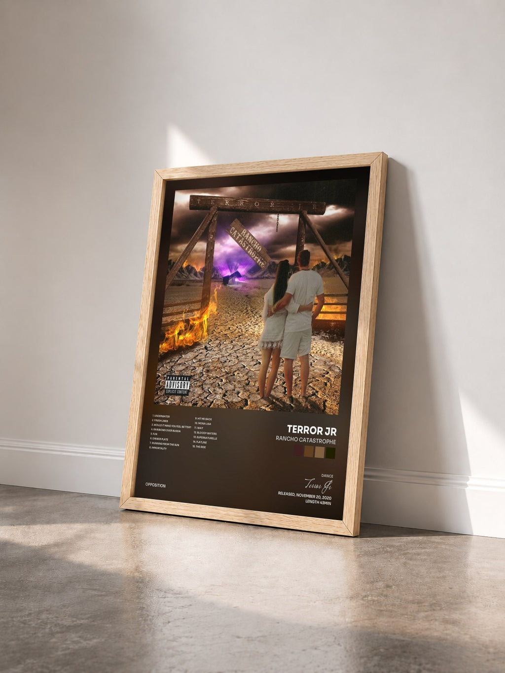 #bois Tableau de l'album Rancho Catastrophe de Terror Jr vu de trois quarts, cadre en bois brut