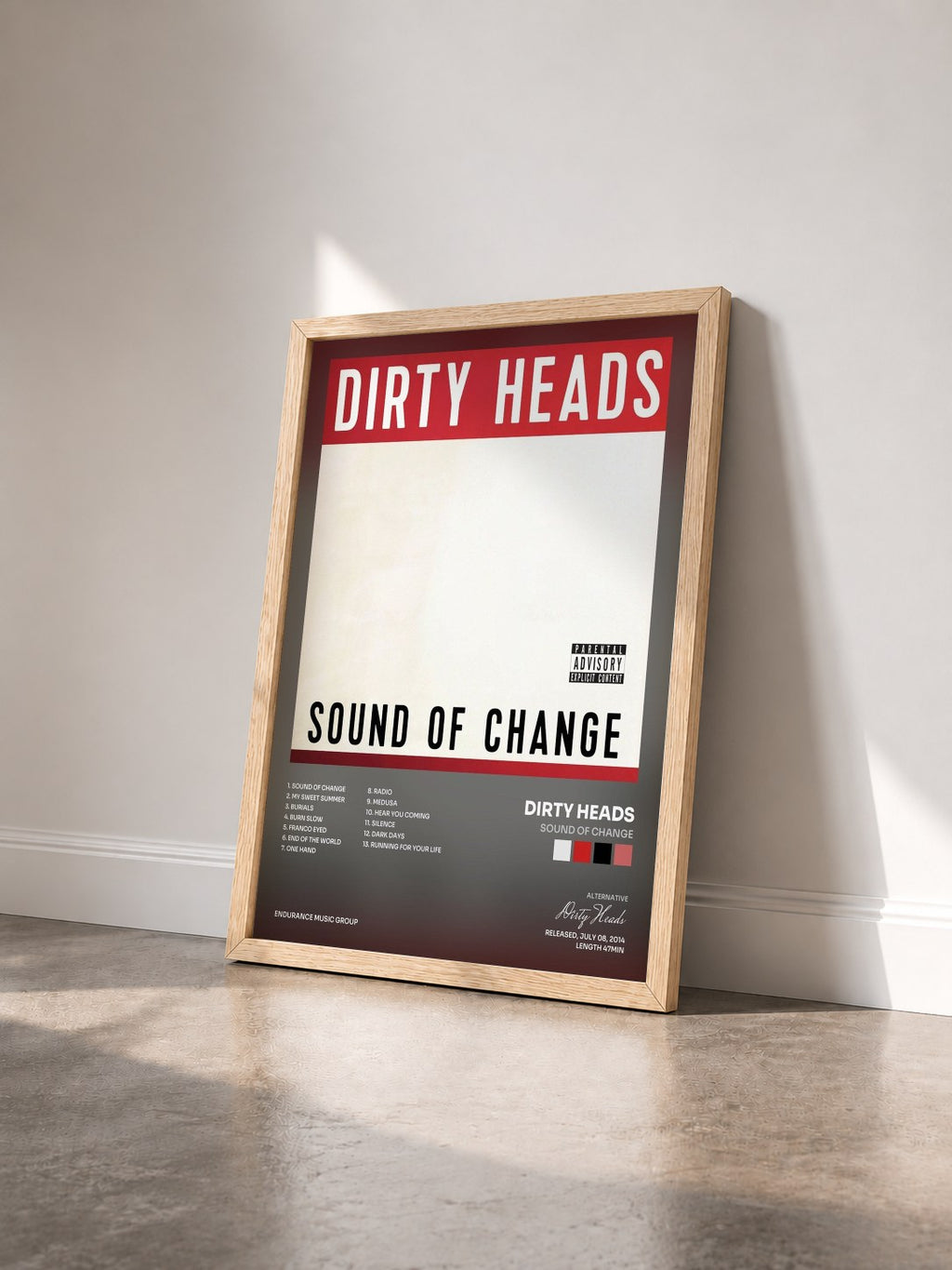 #bois Tableau de l'album Sound Of Change de Dirty Heads vu de trois quarts, cadre en bois brut