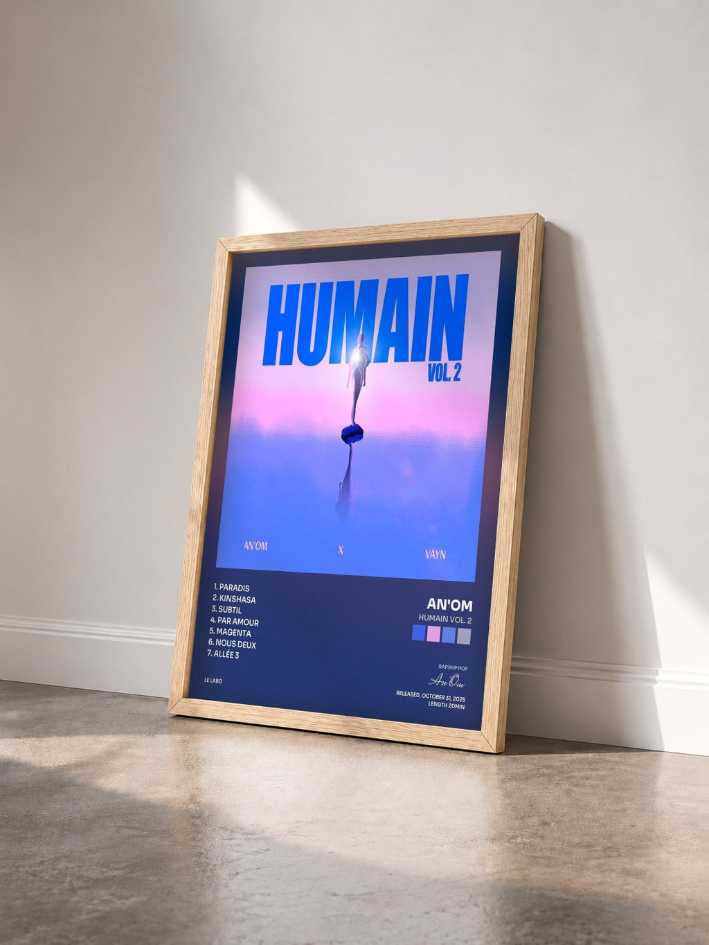 #bois Tableau de l'album Humain Vol. 2 de An'Om vu de trois quarts, cadre en bois brut