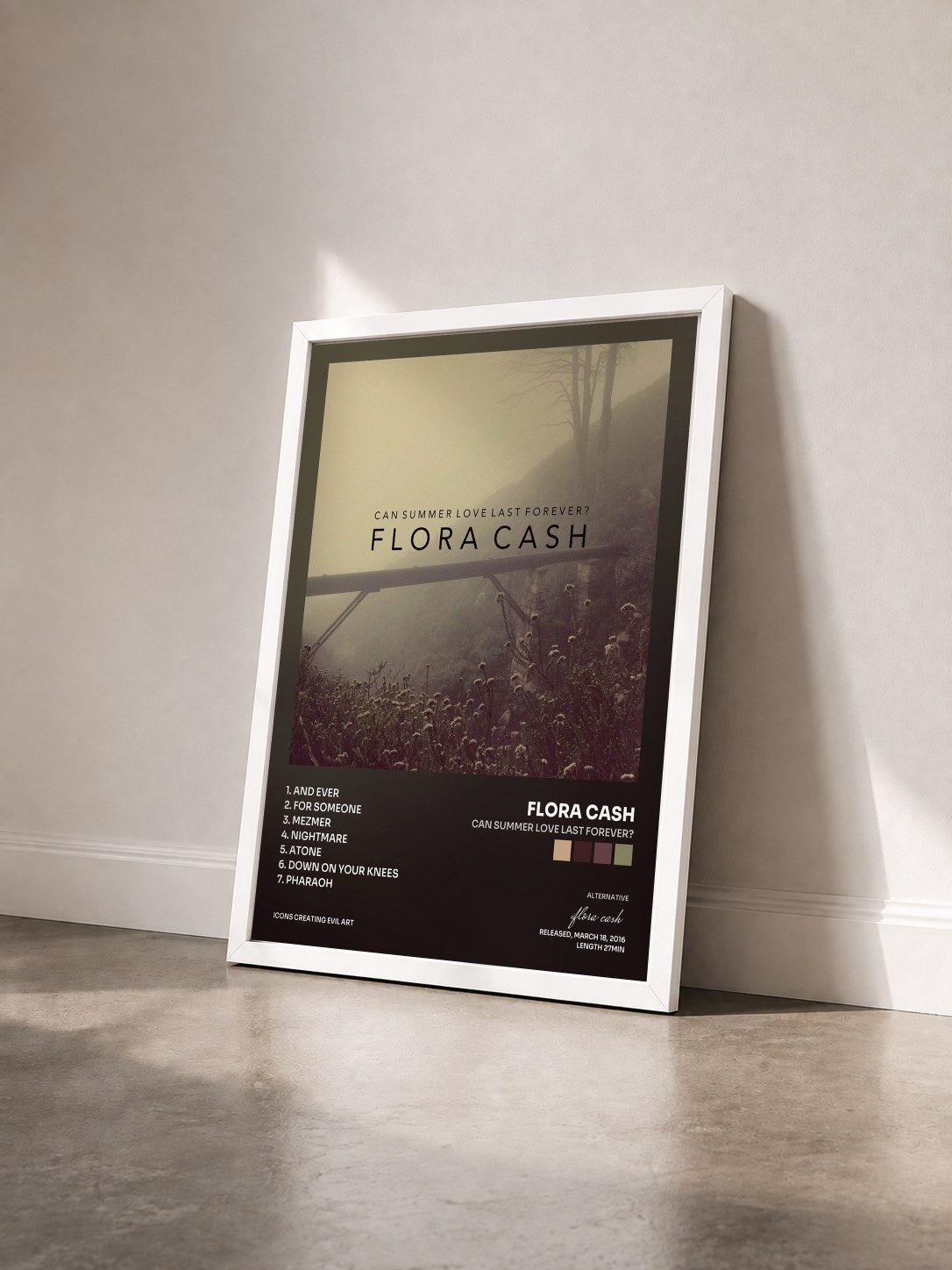 #blanc Tableau de l'album Can Summer Love Last Forever? de flora cash vu de trois quarts, cadre blanc