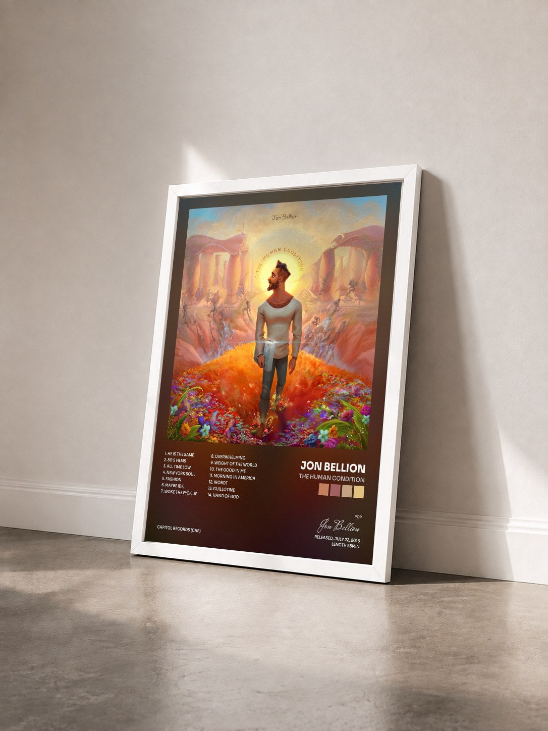 #blanc Tableau de l'album The Human Condition de Jon Bellion vu de trois quarts, cadre blanc