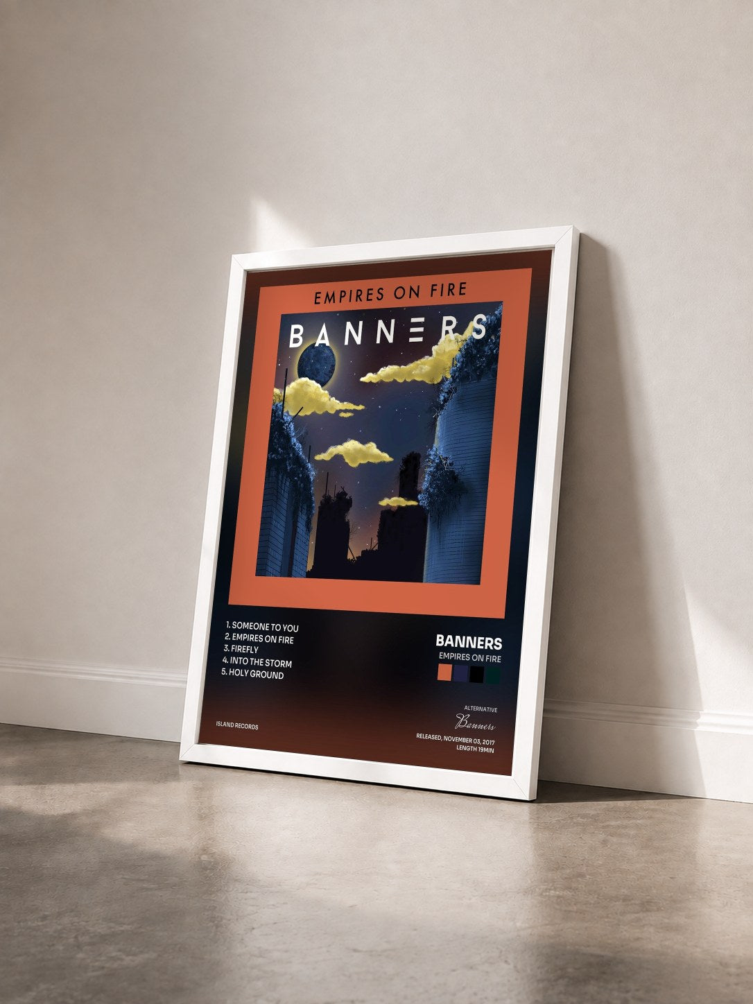 #blanc Tableau de l'album Empires On Fire de Banners vu de trois quarts, cadre blanc