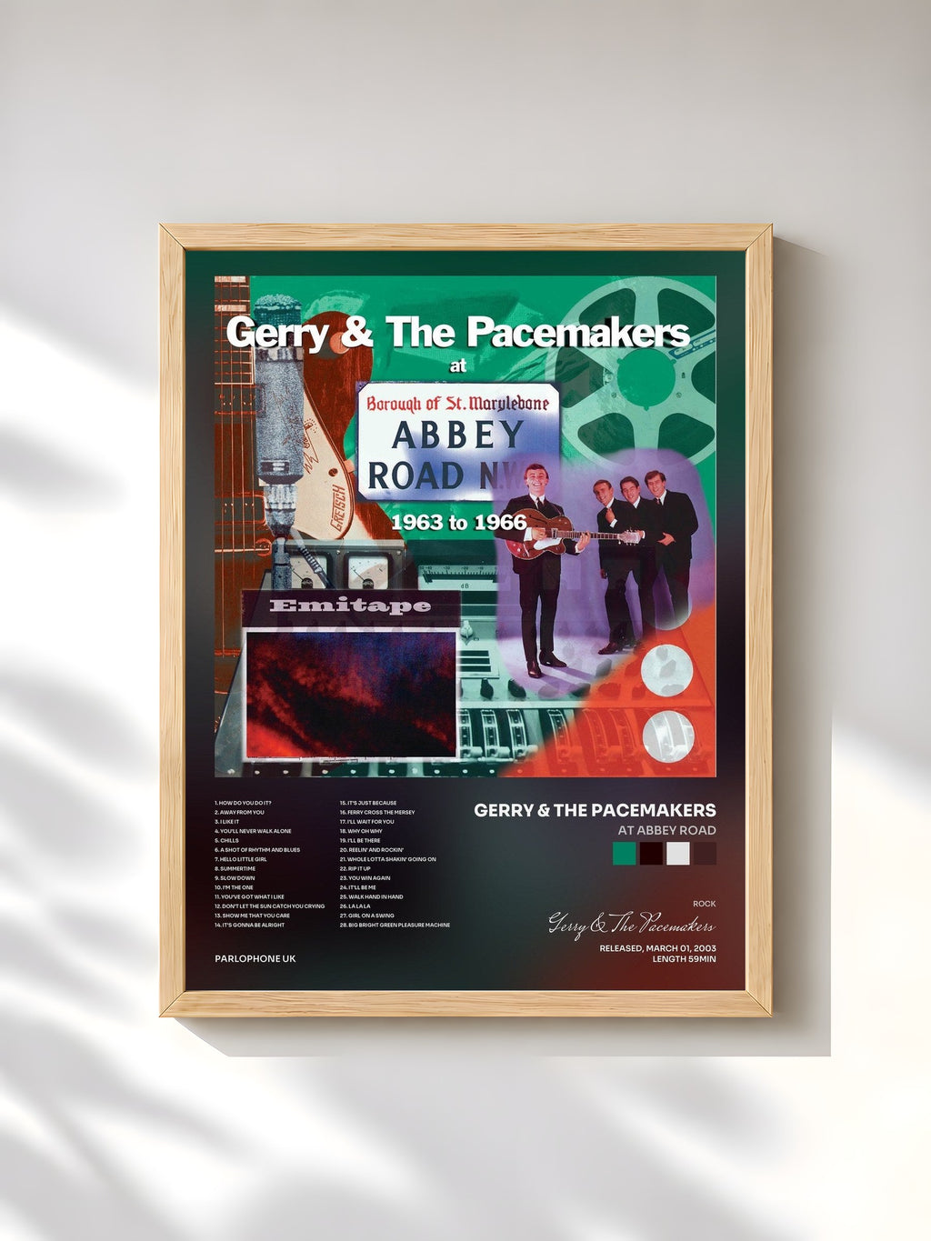 #bois Tableau de l'album At Abbey Road de Gerry & The Pacemakers, cadre en bois brut, imprimé et encadré en France