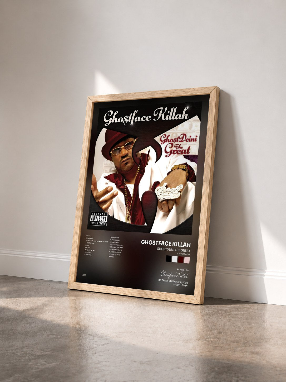 #bois Tableau de l'album GhostDeini The Great (Bonus Tracks) de Ghostface Killah vu de trois quarts, cadre en bois brut