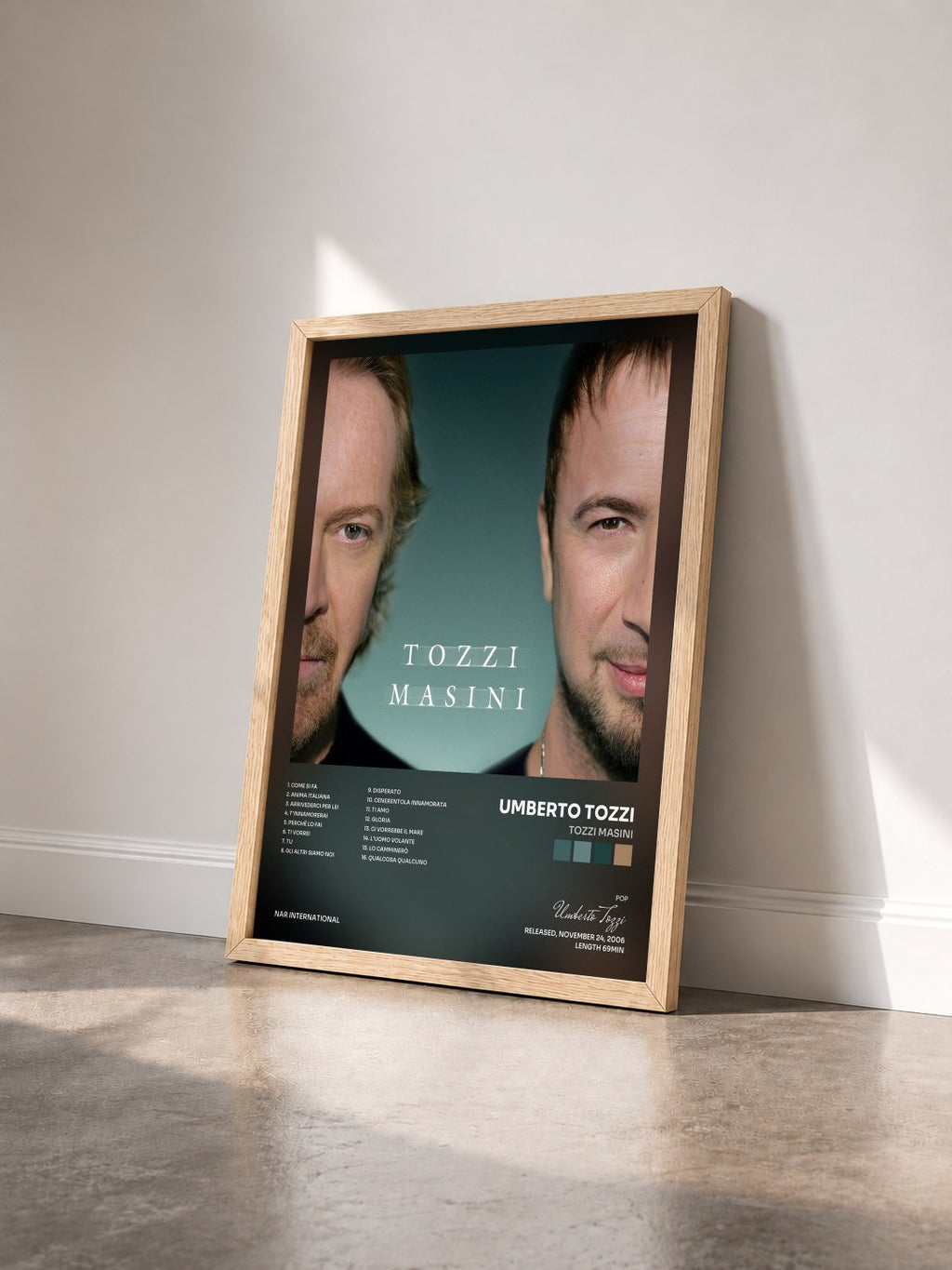 #bois Tableau de l'album Tozzi Masini de Umberto Tozzi vu de trois quarts, cadre en bois brut