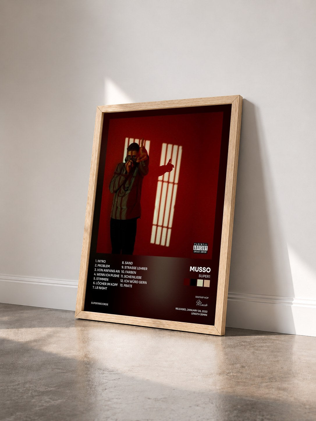 #bois Tableau de l'album SUPER1 de Musso vu de trois quarts, cadre en bois brut