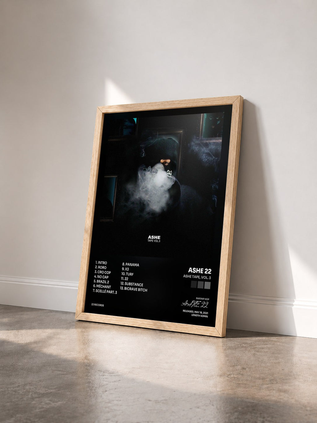 #bois Tableau de l'album Ashe Tape, Vol. 3 de ASHE 22 vu de trois quarts, cadre en bois brut