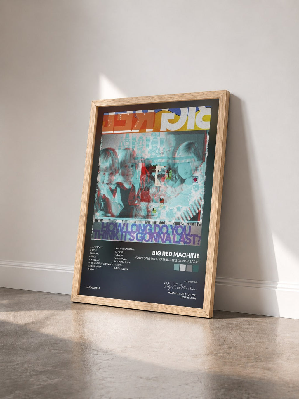 #bois Tableau de l'album How Long Do You Think It's Gonna Last? de Big Red Machine vu de trois quarts, cadre en bois brut