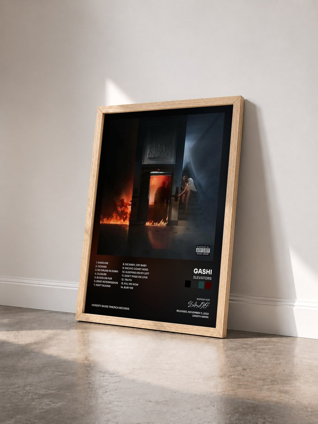 #bois Tableau de l'album ELEVATORS de GASHI vu de trois quarts, cadre en bois brut