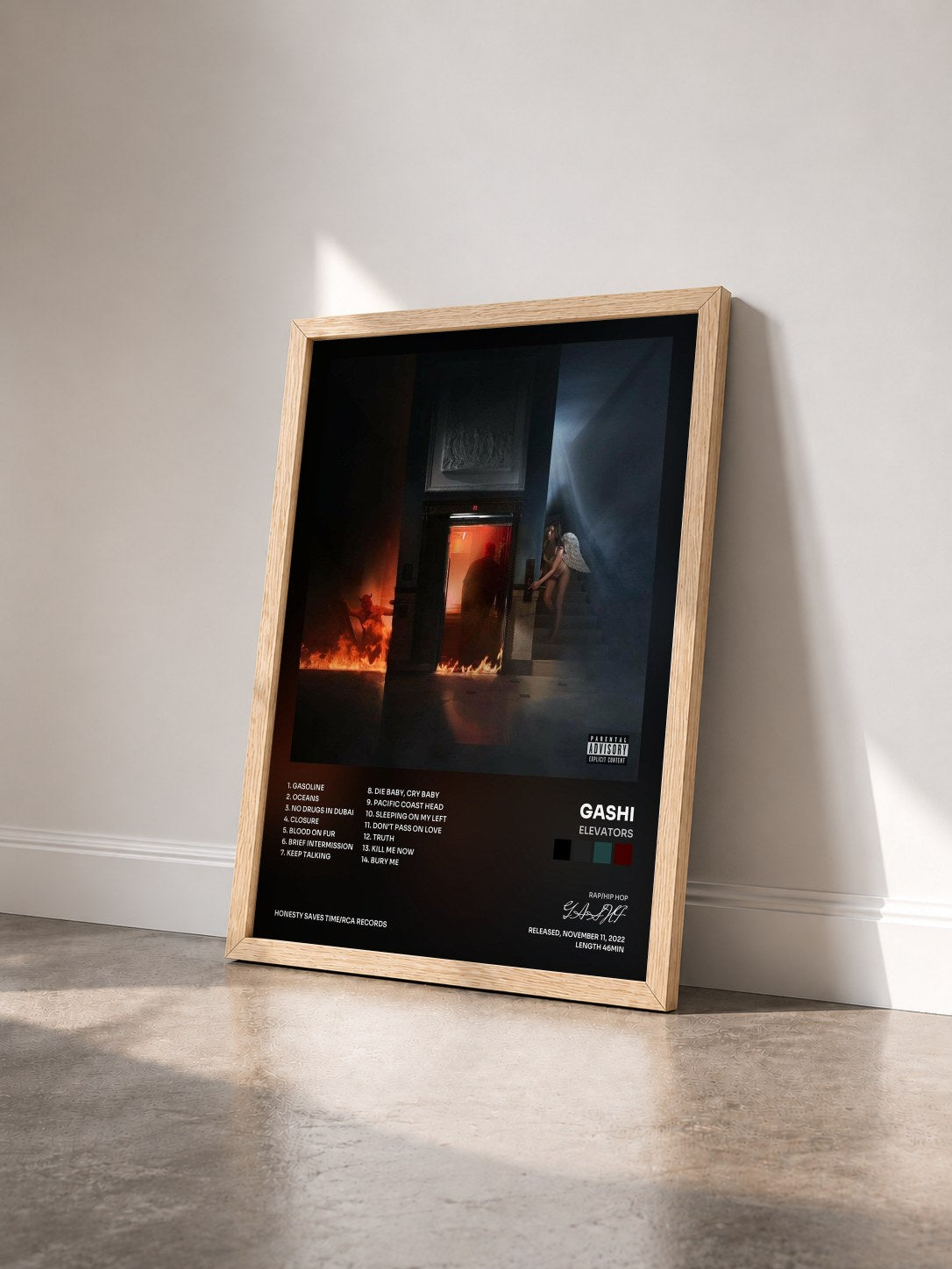 #bois Tableau de l'album ELEVATORS de GASHI vu de trois quarts, cadre en bois brut