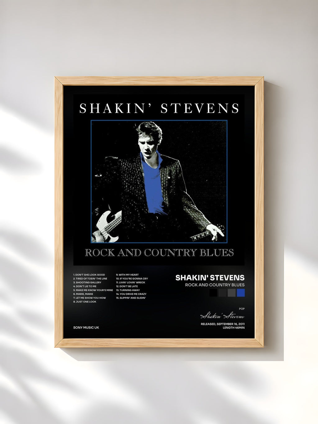#bois Tableau de l'album Rock and Country Blues de Shakin' Stevens, cadre en bois brut, imprimé et encadré en France