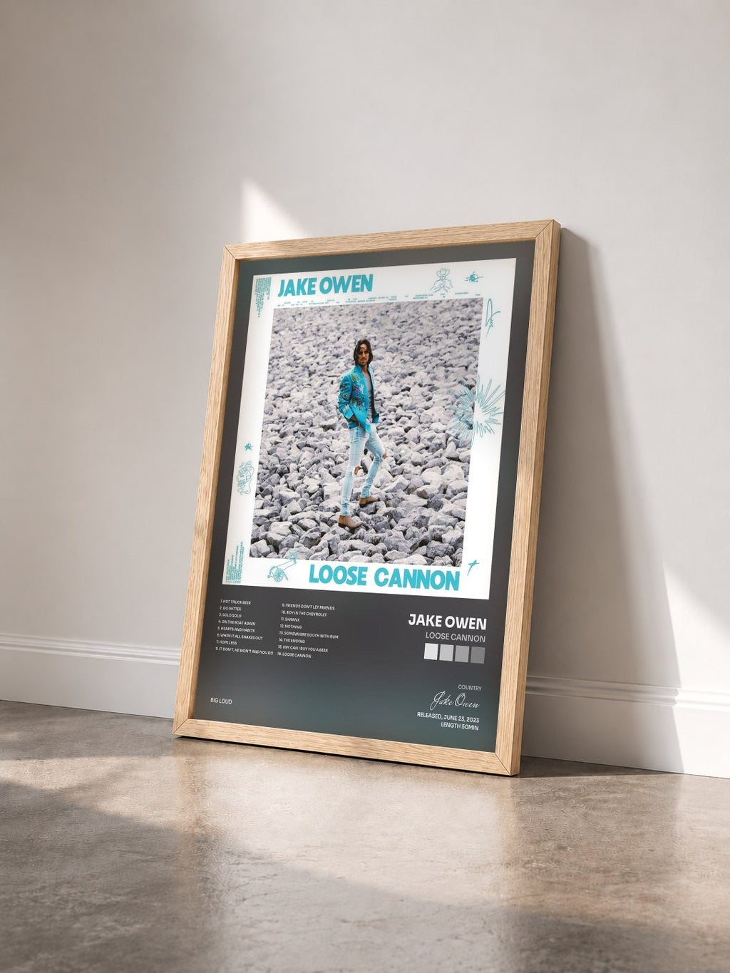 #bois Tableau de l'album Loose Cannon de Jake Owen vu de trois quarts, cadre en bois brut