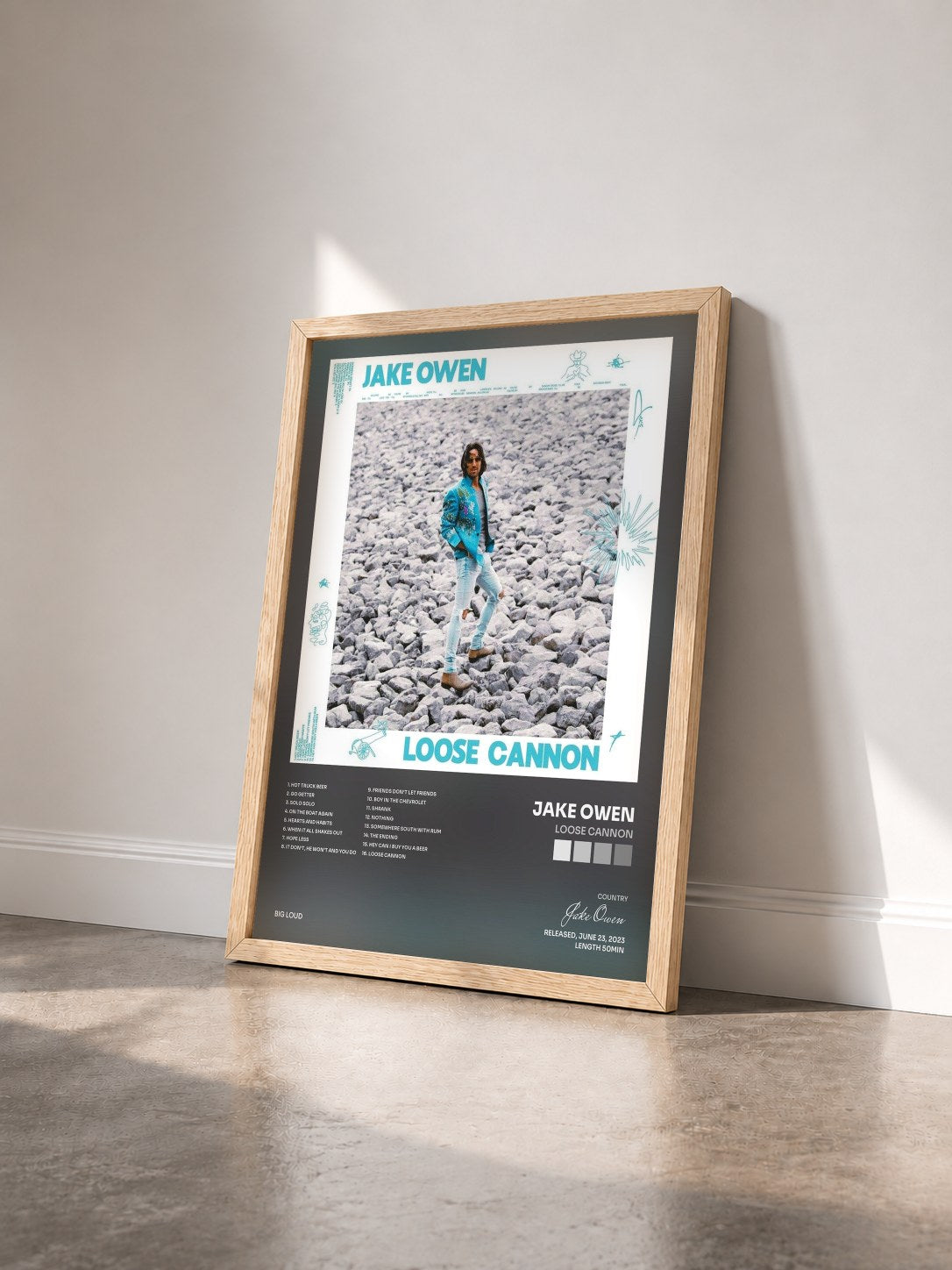 #bois Tableau de l'album Loose Cannon de Jake Owen vu de trois quarts, cadre en bois brut