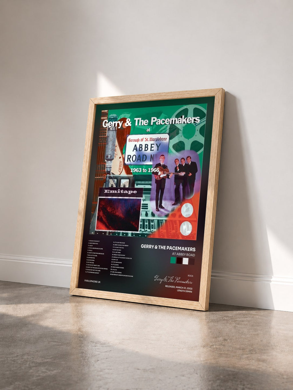 #bois Tableau de l'album At Abbey Road de Gerry & The Pacemakers vu de trois quarts, cadre en bois brut
