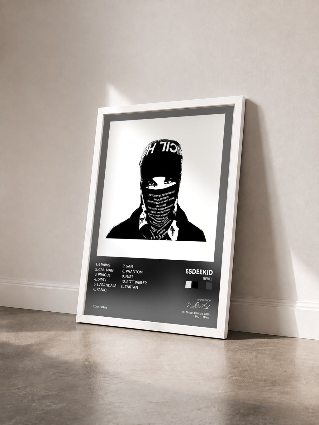 #blanc Tableau de l'album Rebel de EsDeeKid vu de trois quarts, cadre blanc