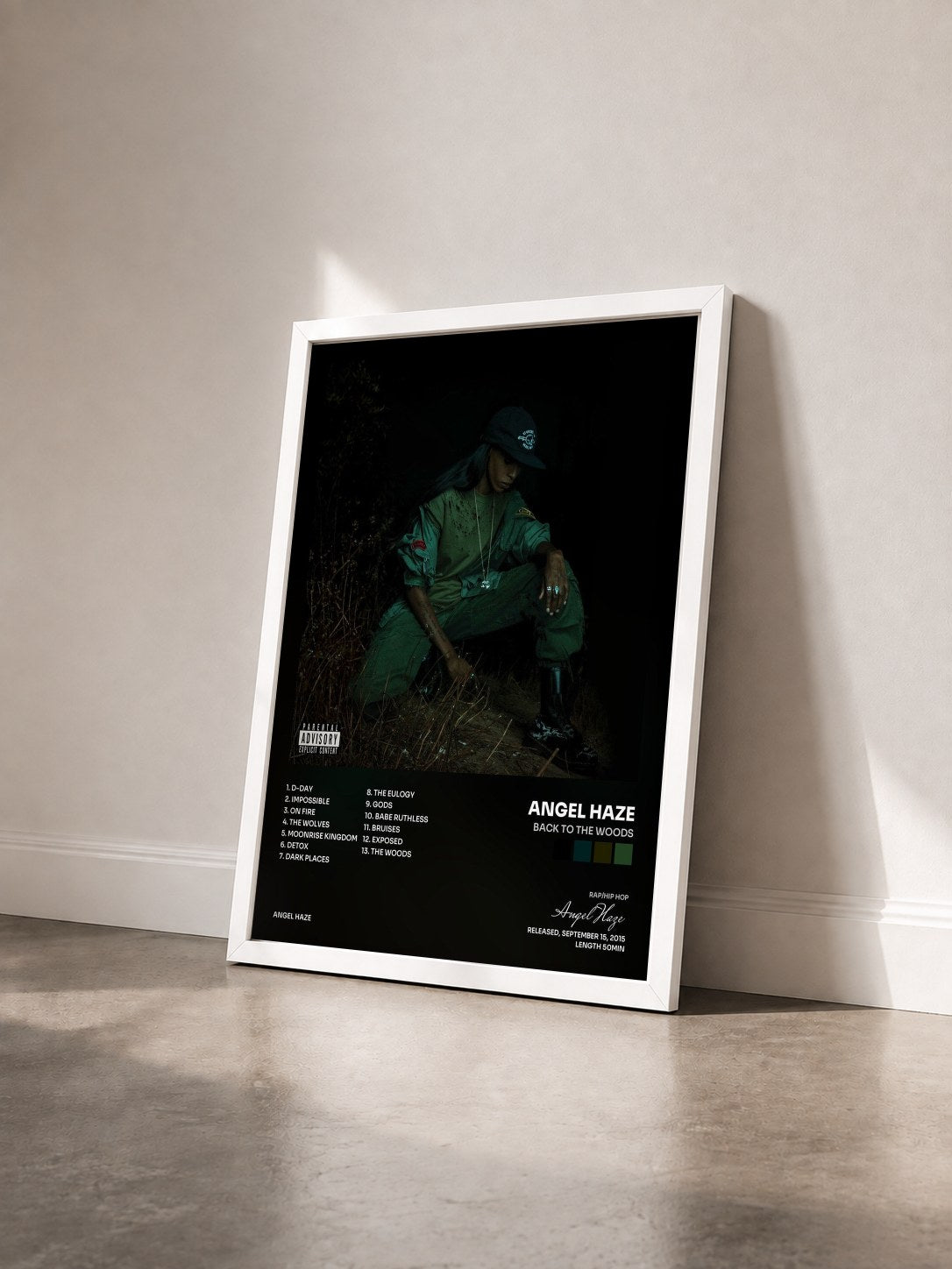 #blanc Tableau de l'album Back to the Woods de Angel Haze vu de trois quarts, cadre blanc
