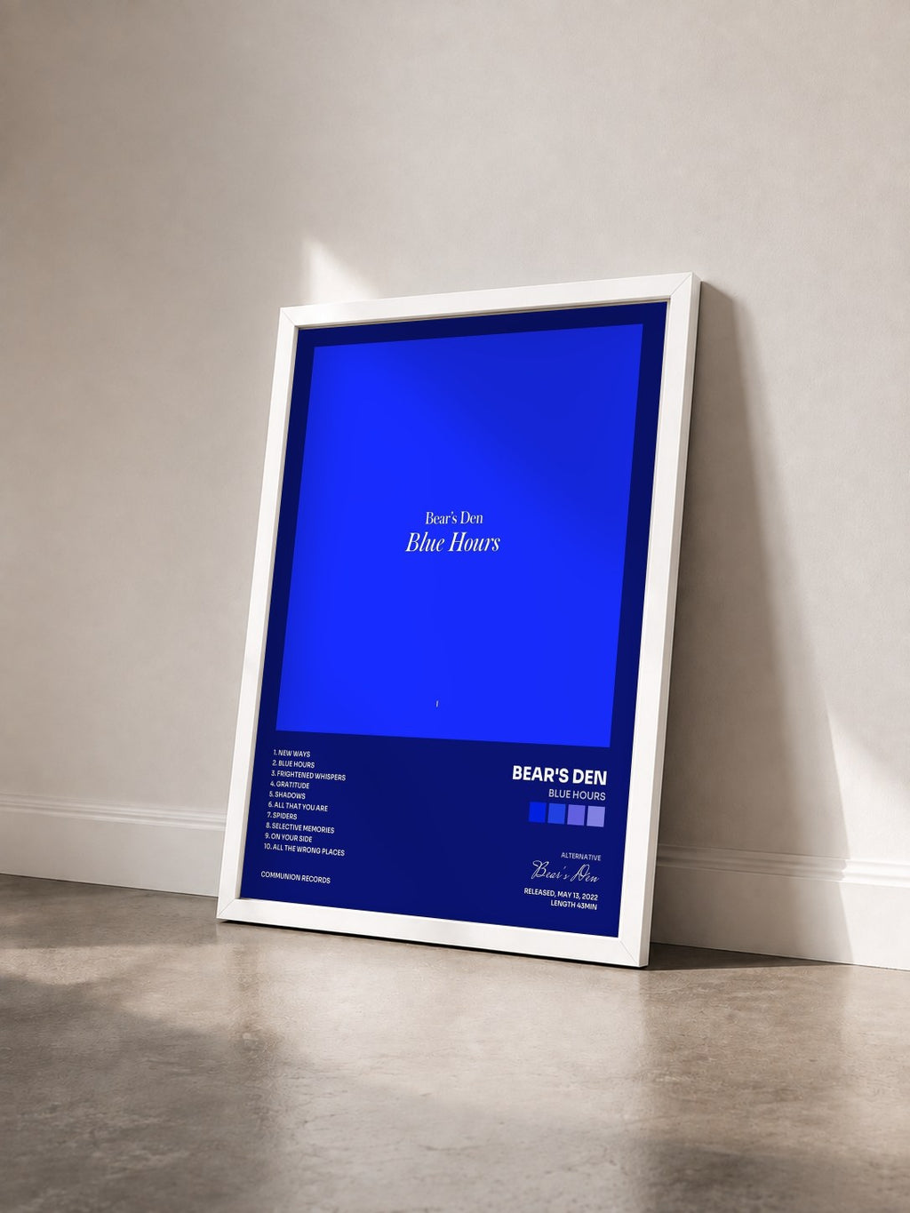 #blanc Tableau de l'album Blue Hours de Bear's Den vu de trois quarts, cadre blanc
