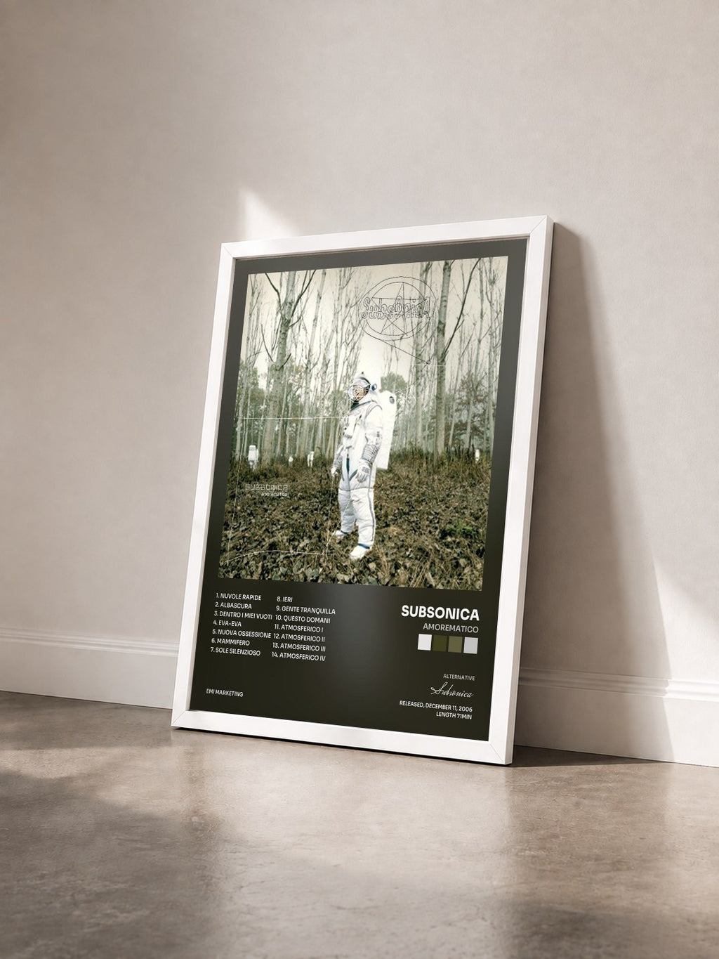 #blanc Tableau de l'album Amorematico de Subsonica vu de trois quarts, cadre blanc