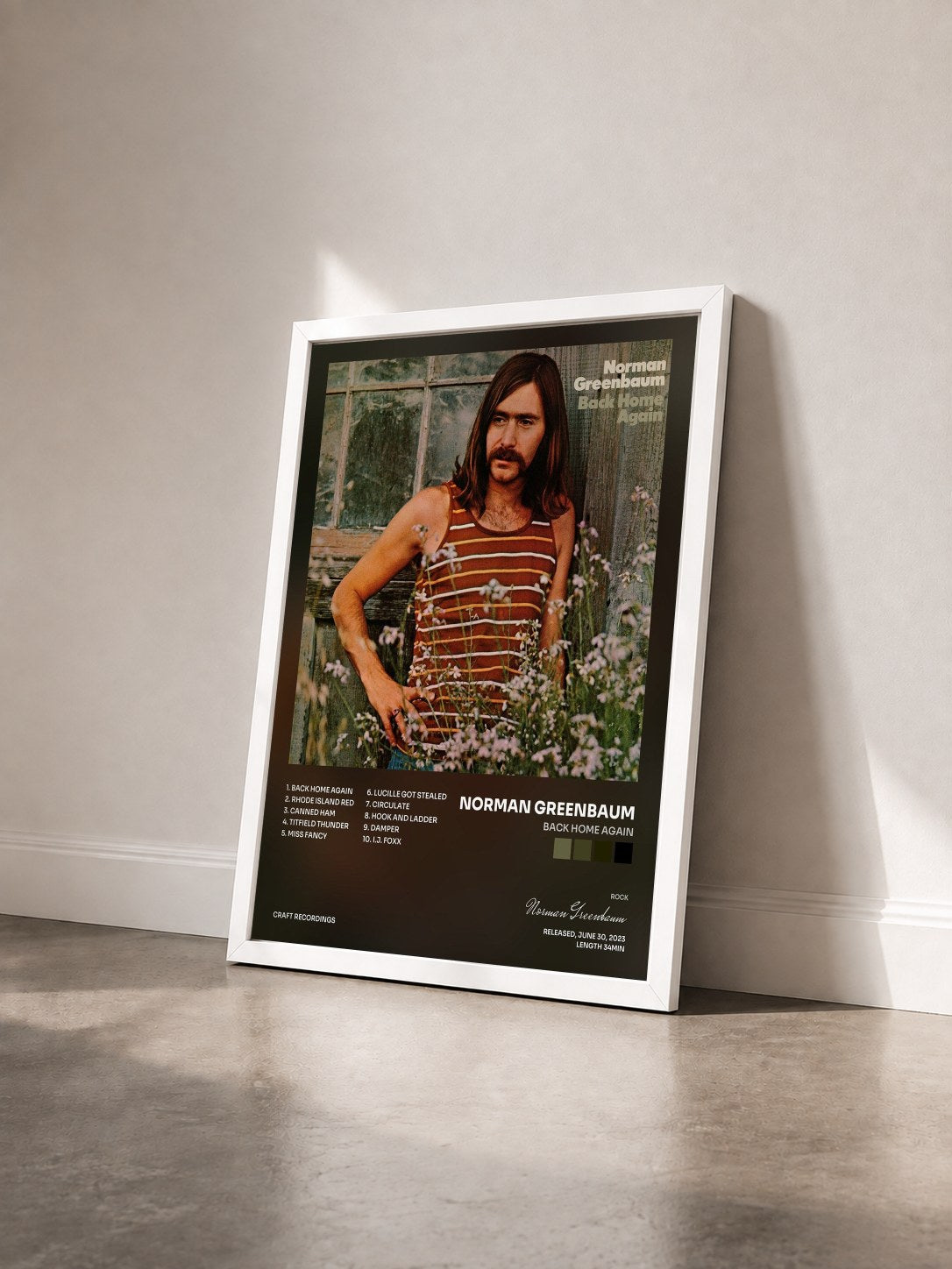 #blanc Tableau de l'album Back Home Again de Norman Greenbaum vu de trois quarts, cadre blanc