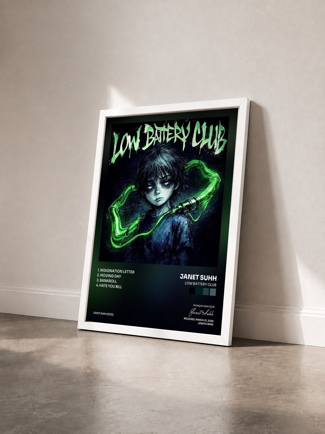 #blanc Tableau de l'album LOW BATTERY CLUB de Janet Suhh vu de trois quarts, cadre blanc