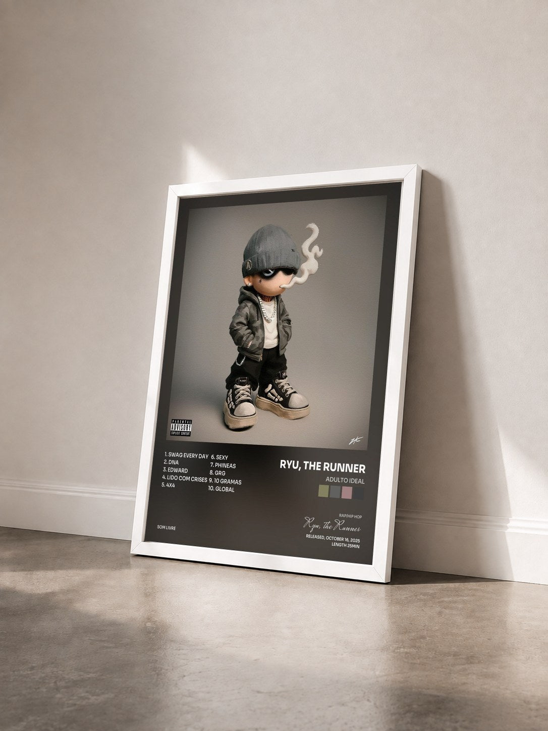 #blanc Tableau de l'album ADULTO IDEAL de Ryu, the Runner vu de trois quarts, cadre blanc
