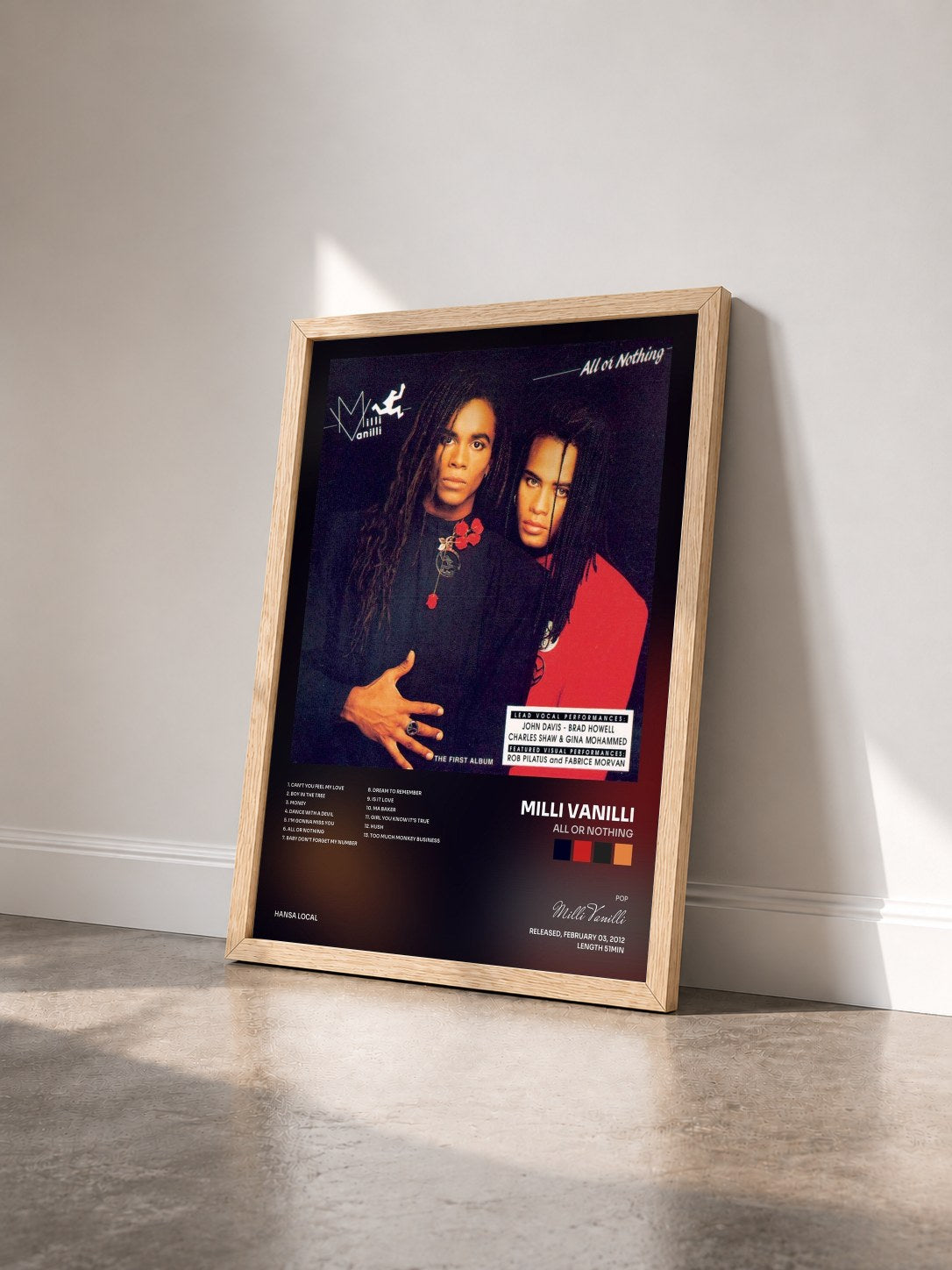 #bois Tableau de l'album All Or Nothing de Milli Vanilli vu de trois quarts, cadre en bois brut