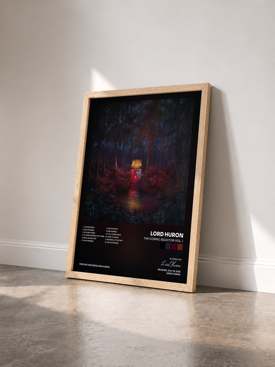 #bois Tableau de l'album The Cosmic Selector Vol. 1 de Lord Huron vu de trois quarts, cadre en bois brut
