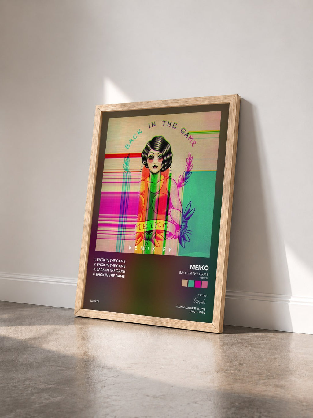 #bois Tableau de l'album Back in the Game (Remixes) de Meiko vu de trois quarts, cadre en bois brut