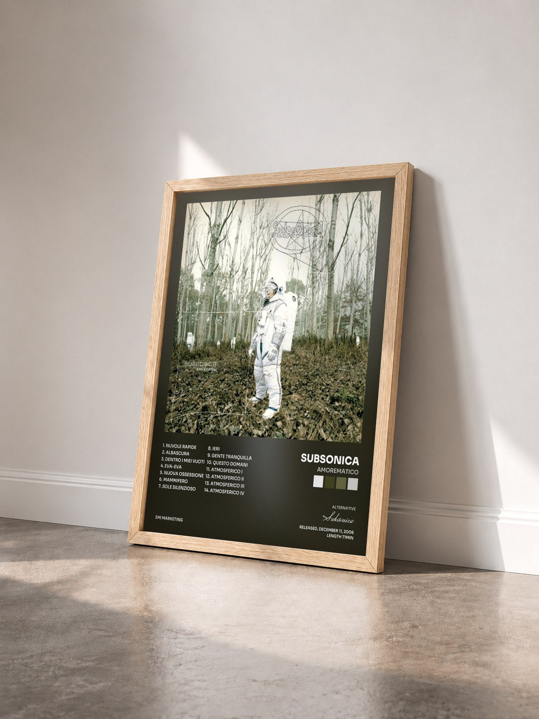 #bois Tableau de l'album Amorematico de Subsonica vu de trois quarts, cadre en bois brut