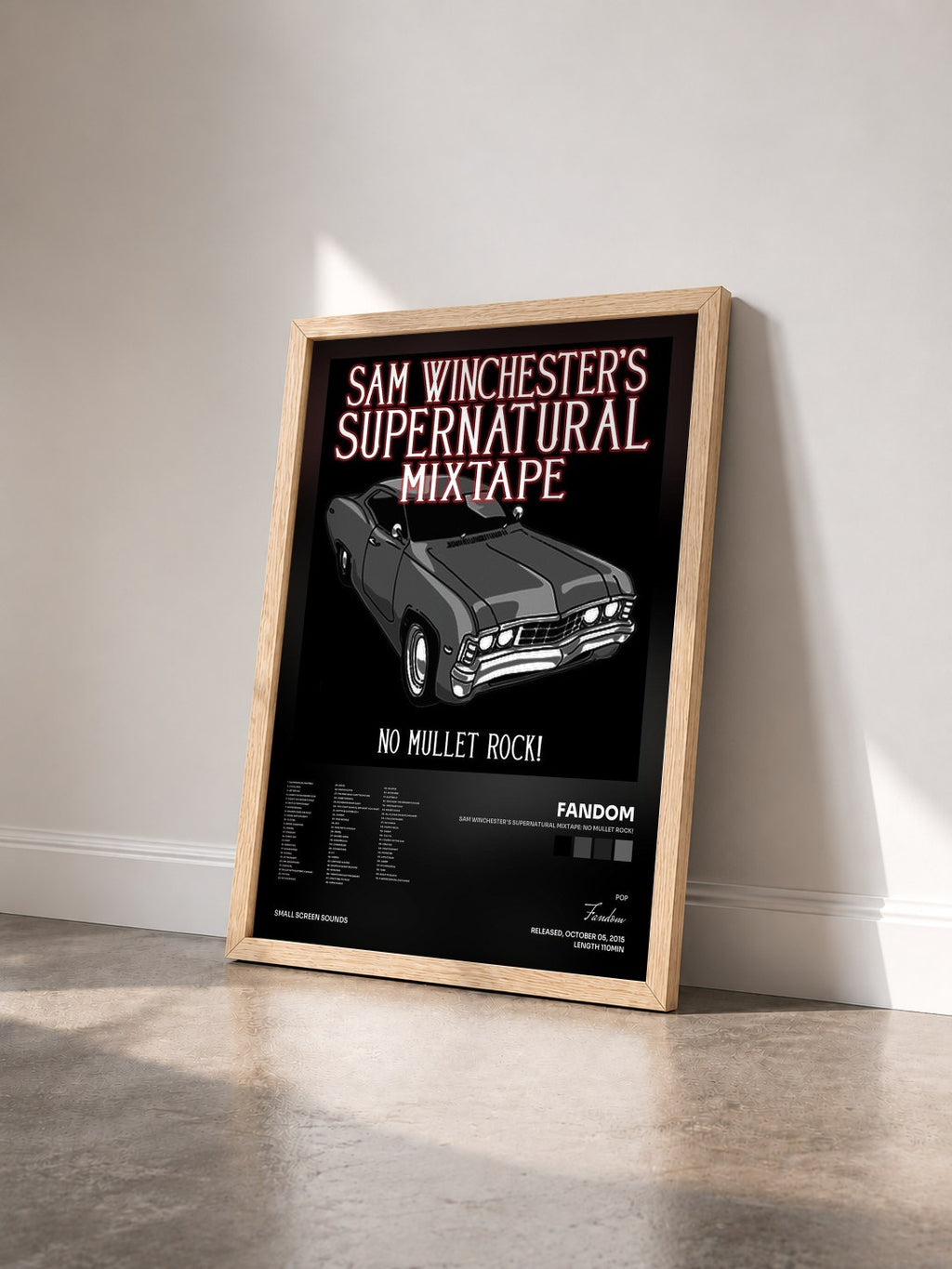 #bois Tableau de l'album Sam Winchester's Supernatural Mixtape: No Mullet Rock! de Fandom vu de trois quarts, cadre en bois brut