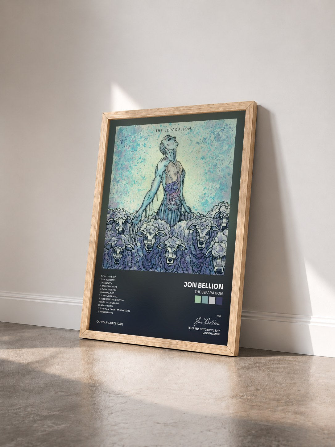 #bois Tableau de l'album The Separation de Jon Bellion vu de trois quarts, cadre en bois brut