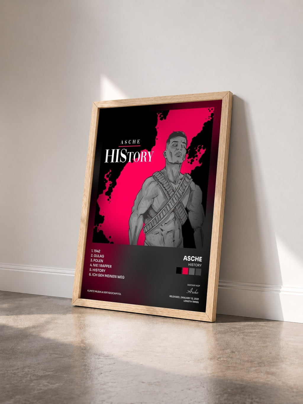 #bois Tableau de l'album HIStory de Asche vu de trois quarts, cadre en bois brut