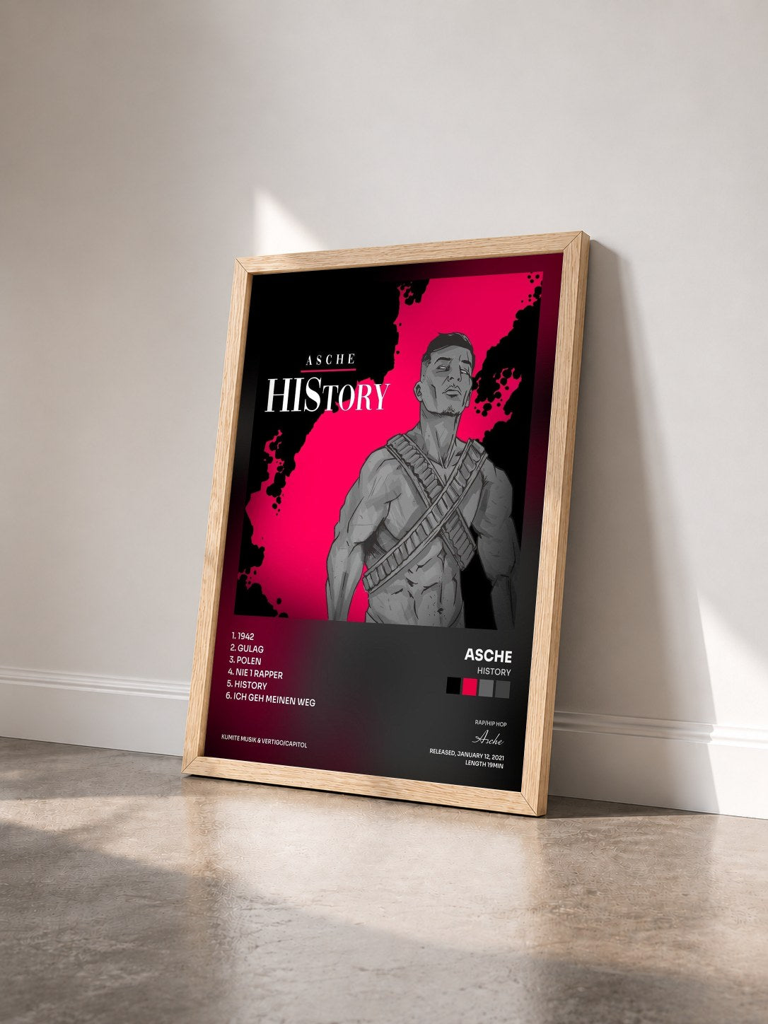 #bois Tableau de l'album HIStory de Asche vu de trois quarts, cadre en bois brut