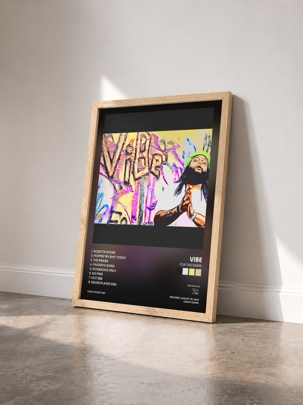 #bois Tableau de l'album For The Game de Vibe vu de trois quarts, cadre en bois brut