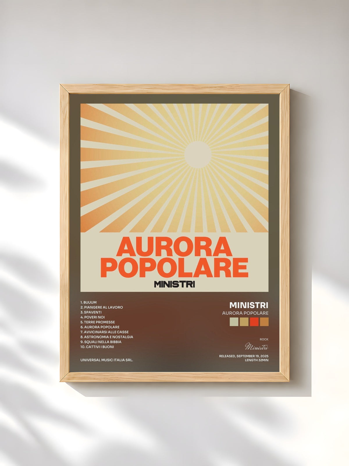 #bois Tableau de l'album Aurora Popolare de Ministri, cadre en bois brut, imprimé et encadré en France