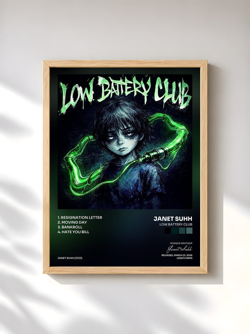 #bois Tableau de l'album LOW BATTERY CLUB de Janet Suhh, cadre en bois brut, imprimé et encadré en France