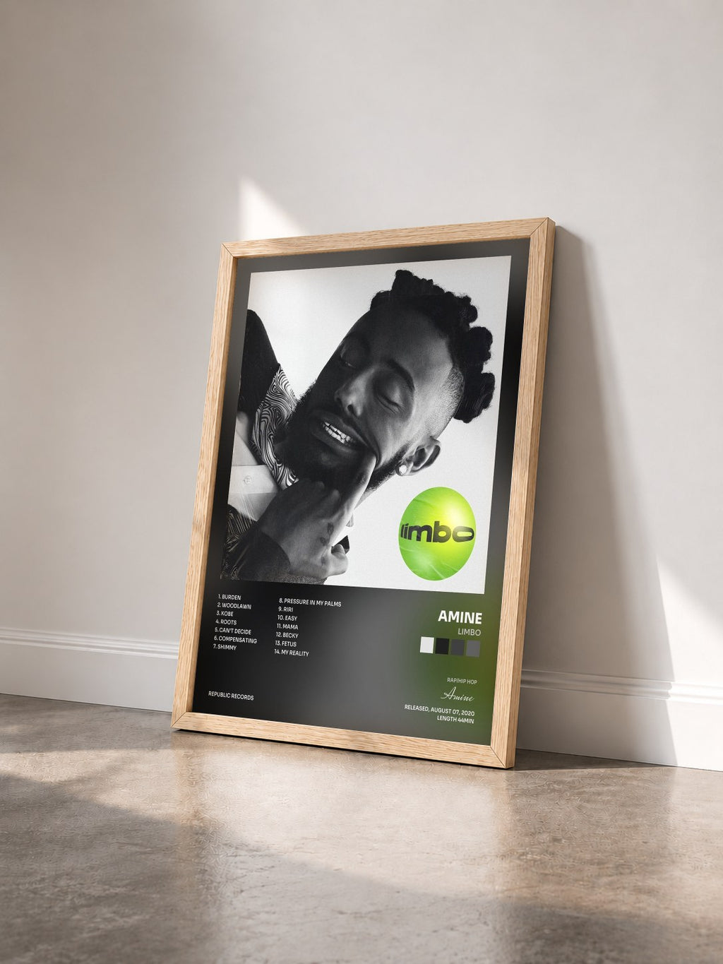 #bois Tableau de l'album Limbo de Amine vu de trois quarts, cadre en bois brut
