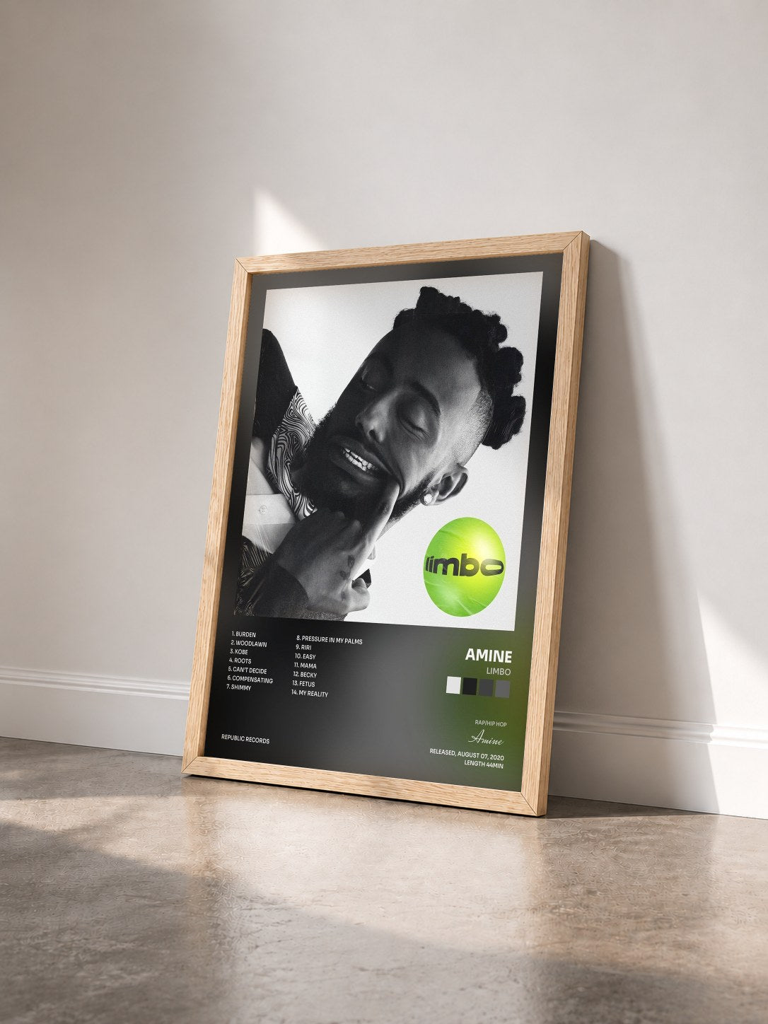 #bois Tableau de l'album Limbo de Amine vu de trois quarts, cadre en bois brut