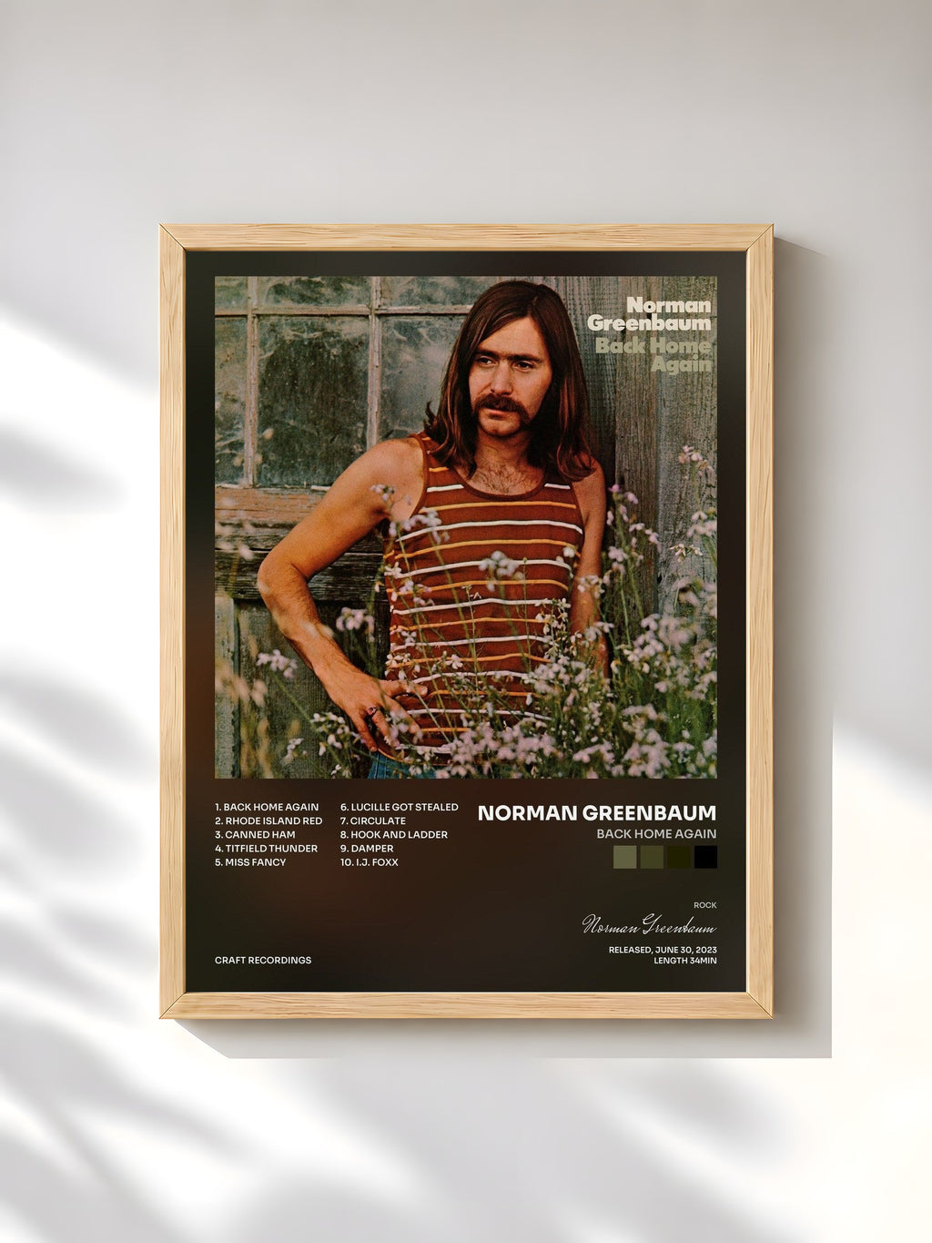 #bois Tableau de l'album Back Home Again de Norman Greenbaum, cadre en bois brut, imprimé et encadré en France