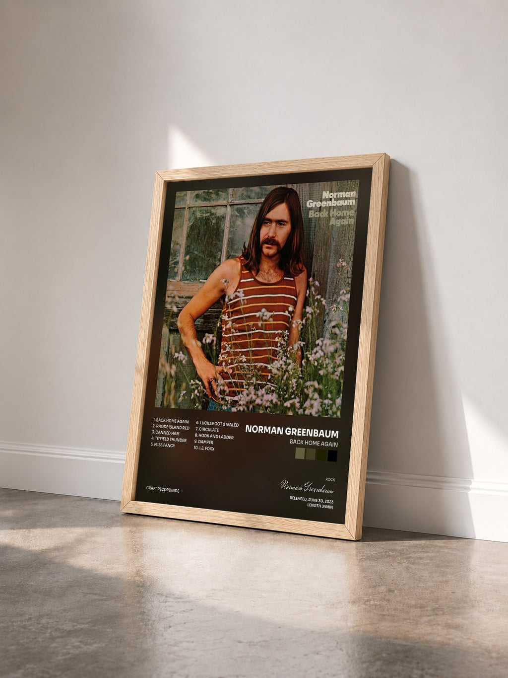 #bois Tableau de l'album Back Home Again de Norman Greenbaum vu de trois quarts, cadre en bois brut