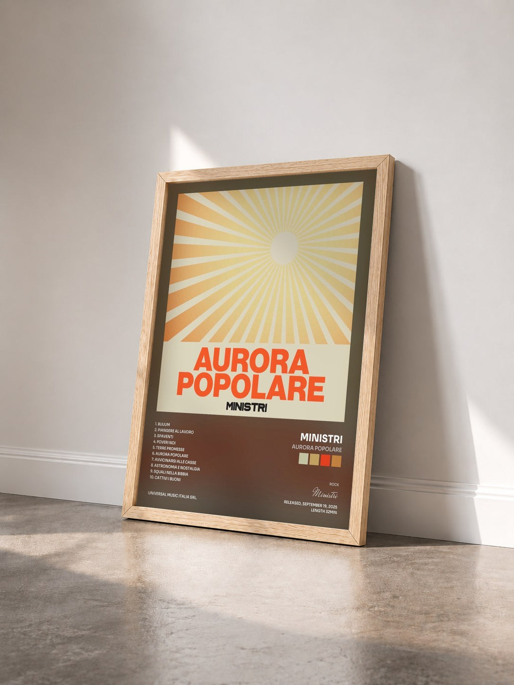#bois Tableau de l'album Aurora Popolare de Ministri vu de trois quarts, cadre en bois brut