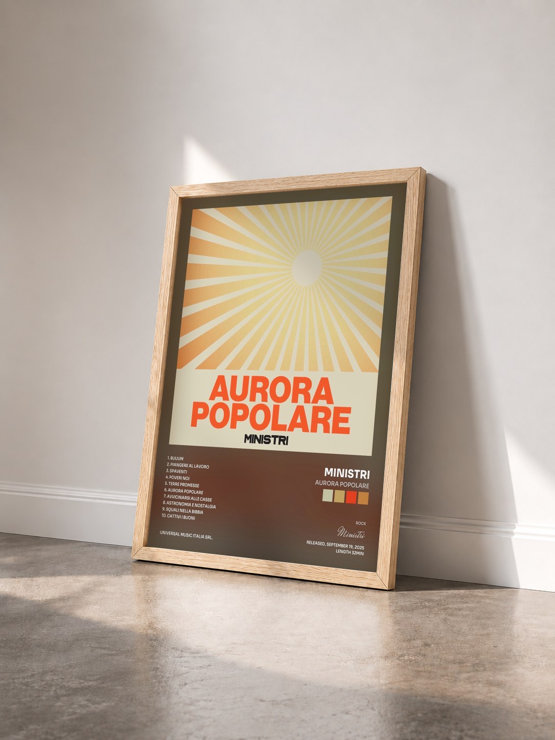#bois Tableau de l'album Aurora Popolare de Ministri vu de trois quarts, cadre en bois brut