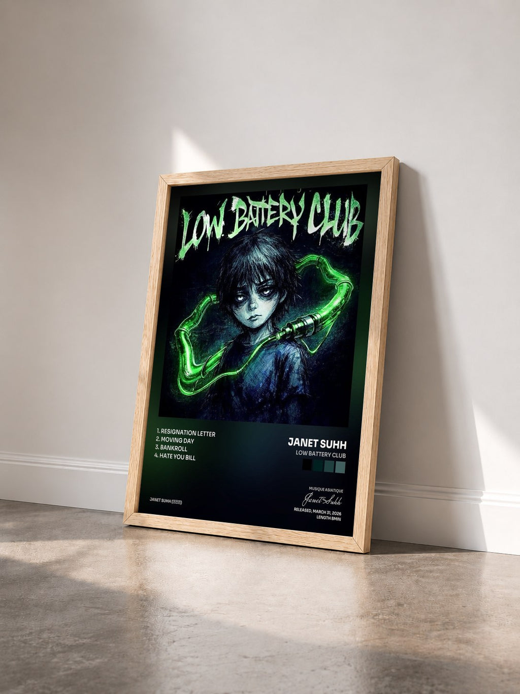 #bois Tableau de l'album LOW BATTERY CLUB de Janet Suhh vu de trois quarts, cadre en bois brut