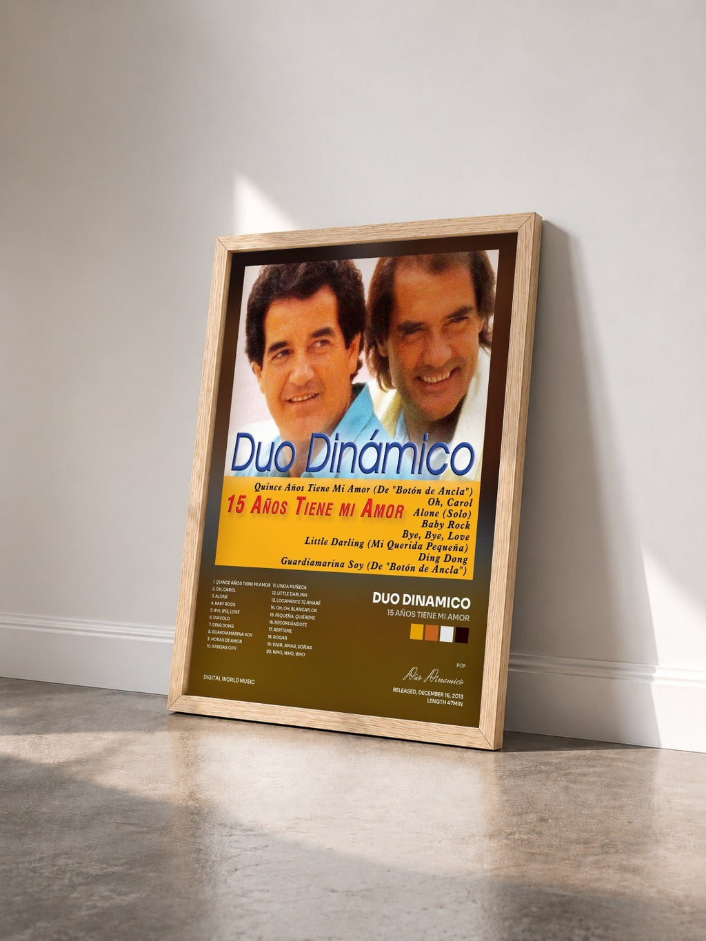 #bois Tableau de l'album 15 Años Tiene mi Amor de Duo Dinamico vu de trois quarts, cadre en bois brut