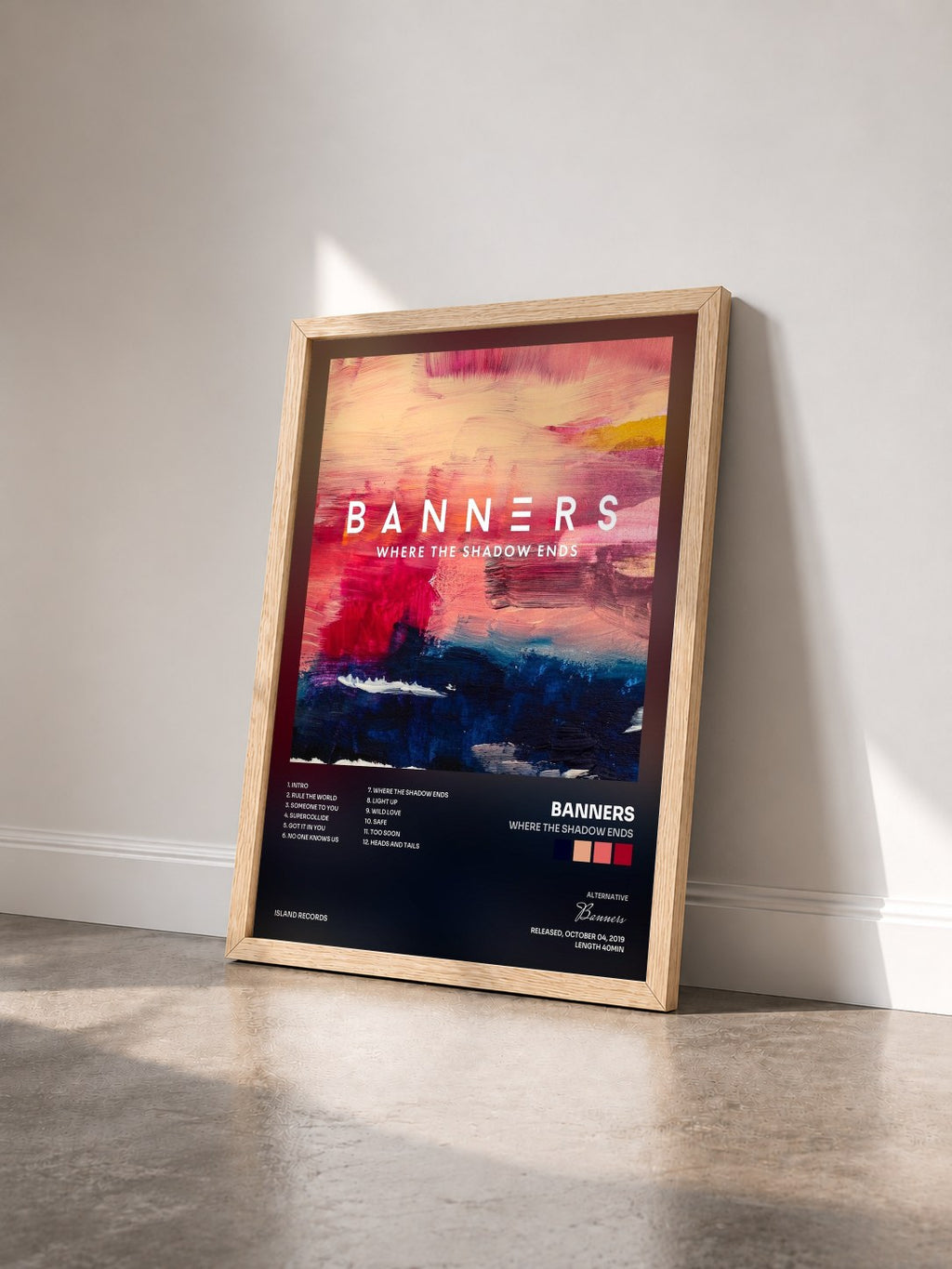 #bois Tableau de l'album Where The Shadow Ends de Banners vu de trois quarts, cadre en bois brut