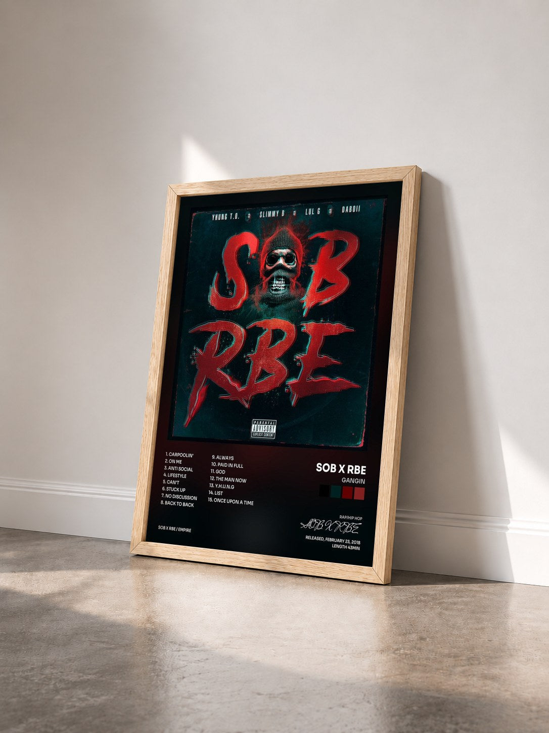 #bois Tableau de l'album GANGIN de SOB X RBE vu de trois quarts, cadre en bois brut