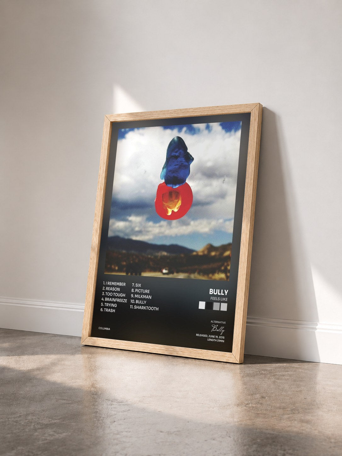 #bois Tableau de l'album Feels Like de Bully vu de trois quarts, cadre en bois brut