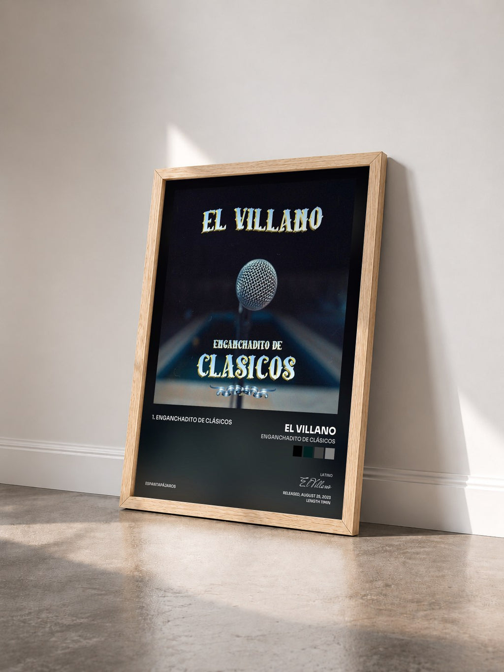 #bois Tableau de l'album Enganchadito de clásicos de El Villano vu de trois quarts, cadre en bois brut